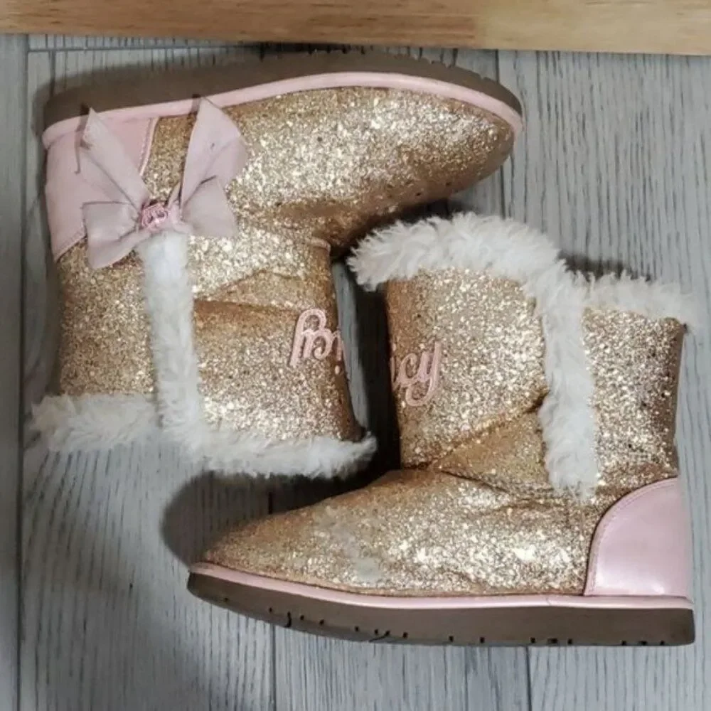 Juicy Couture Big Girls Boots Bling Glitter Winter Snow Furry Gold Pink SIZE 3